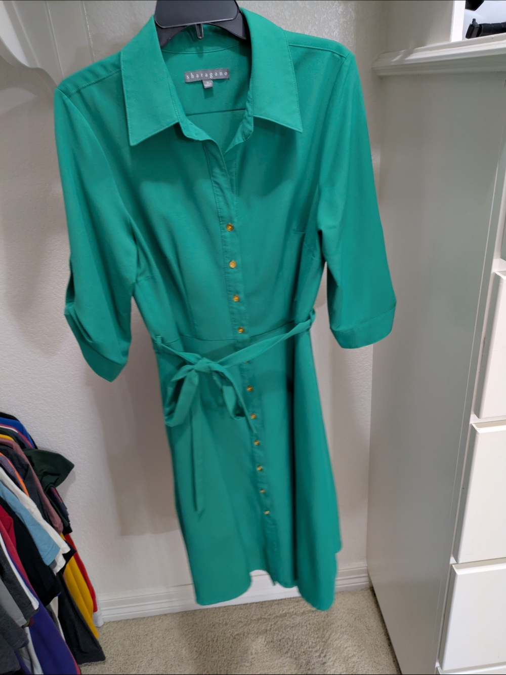 Sharagano Teal Green Button-Front Midi Shirt Dress